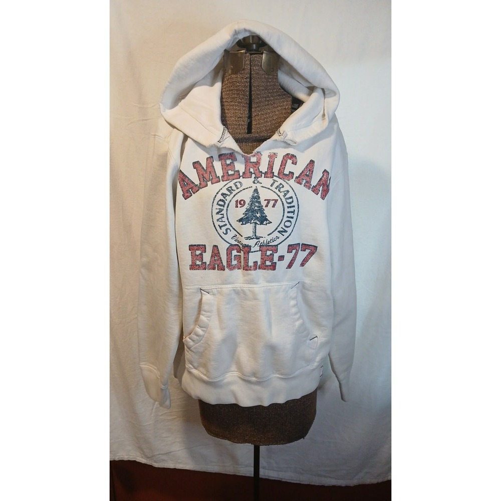 Vintage American Eagle Y2K Graphic Hoodie White Distressed Pullover Mens Small